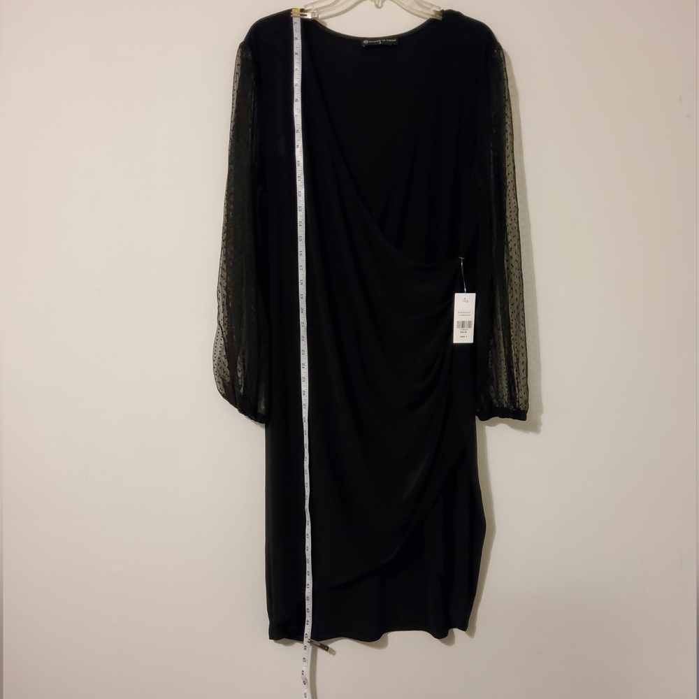 fashion To Figure Stretch  Black Mesh Long Lanter Sleeve Faux Wrap Dress Size 3 - Picture 3 of 10